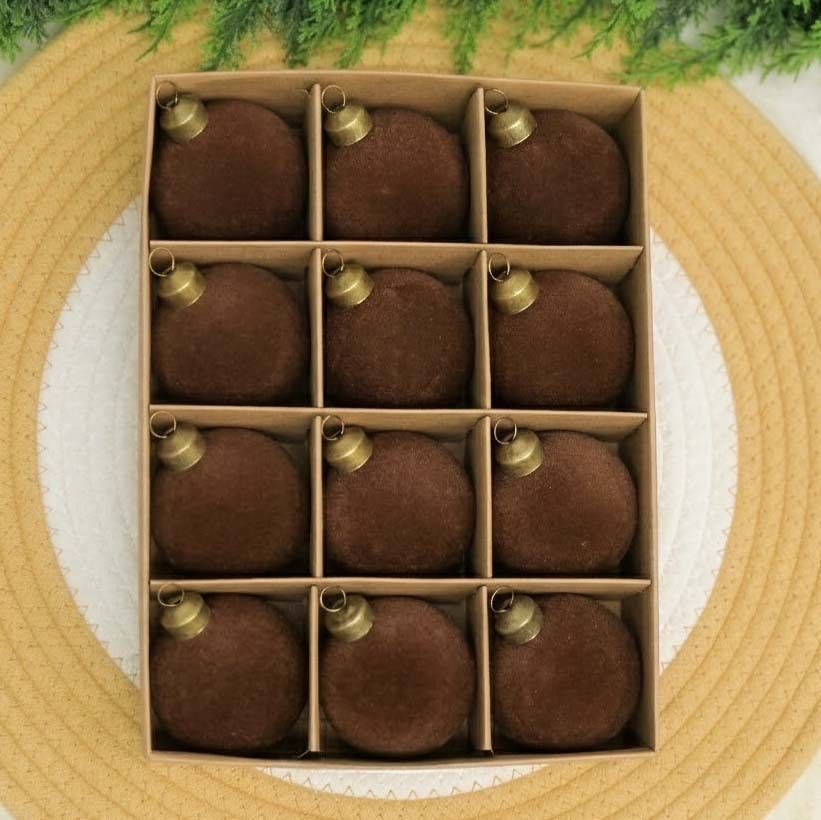 24pk Flocked Xmas Baubles Metal Cap, Dark Brown 6cm