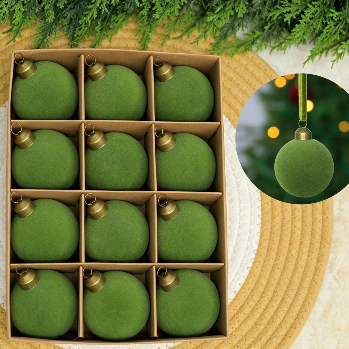 24pk Flocked Xmas Baubles Metal Cap, Avocado 6cm