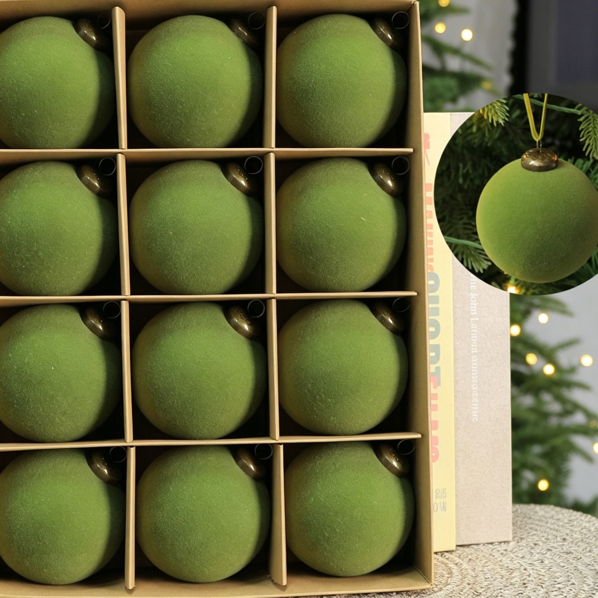 24pk Flocked Xmas Baubles Metal Cap, Avocado 8cm