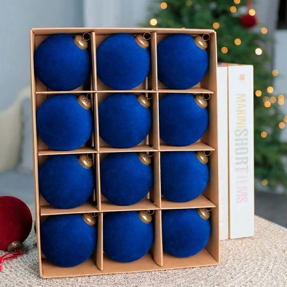 24pk Flocked Xmas Baubles Metal Cap, Royal Blue 6cm