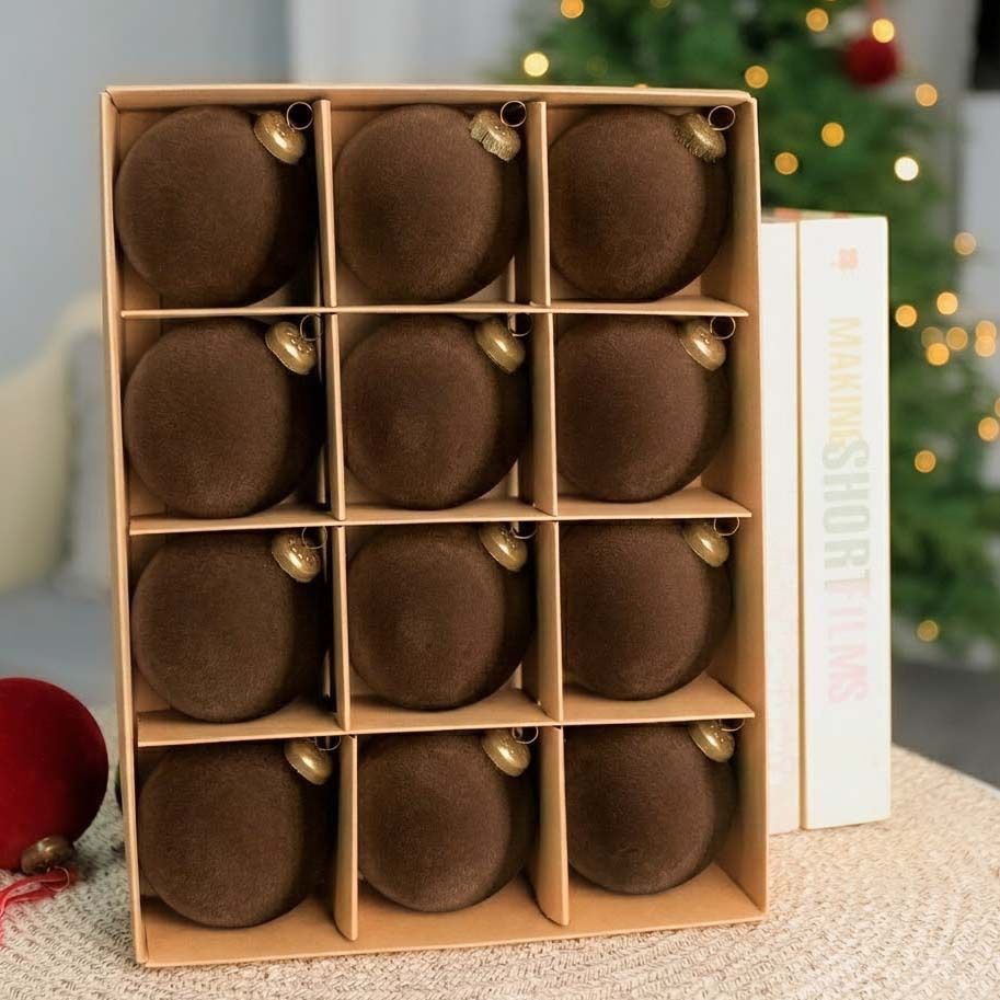 24pk Flocked Xmas Baubles Metal Cap, Dark Brown 8cm