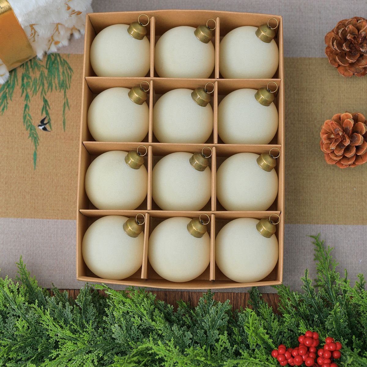 24pk Flocked Xmas Baubles Metal Cap, Off White 8cm