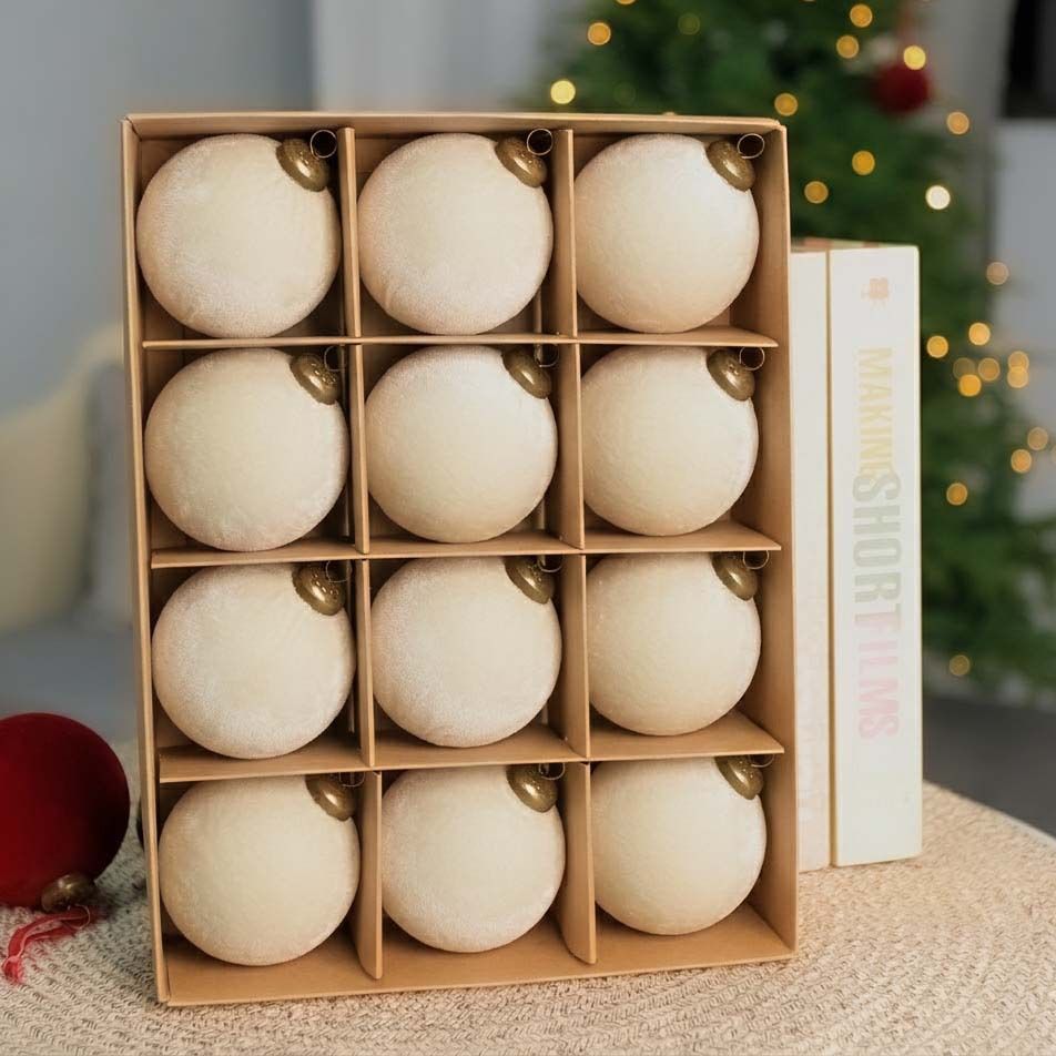24pk Flocked Xmas Baubles Metal Cap, Off White 8cm