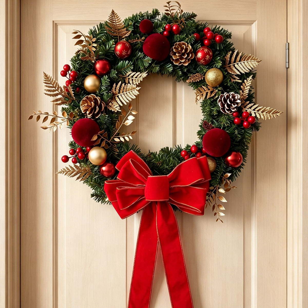 2pk Xmas Wreath Gold Leaf Red Bow, 40cm Diameter