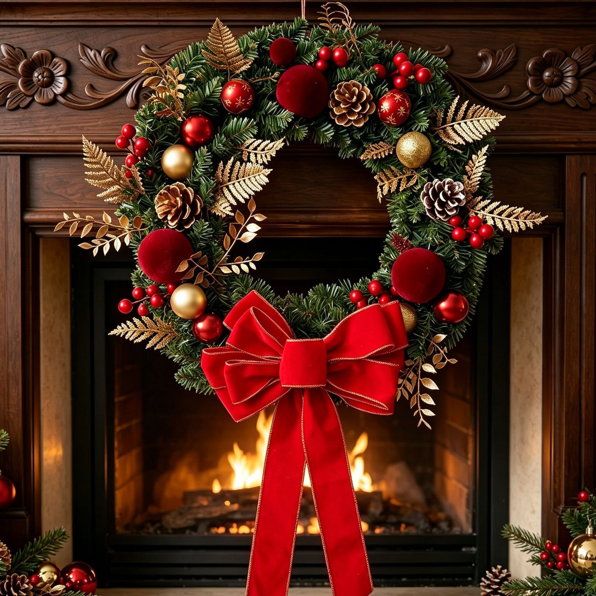 2pk Xmas Wreath Gold Leaf Red Bow, 50cm Diameter