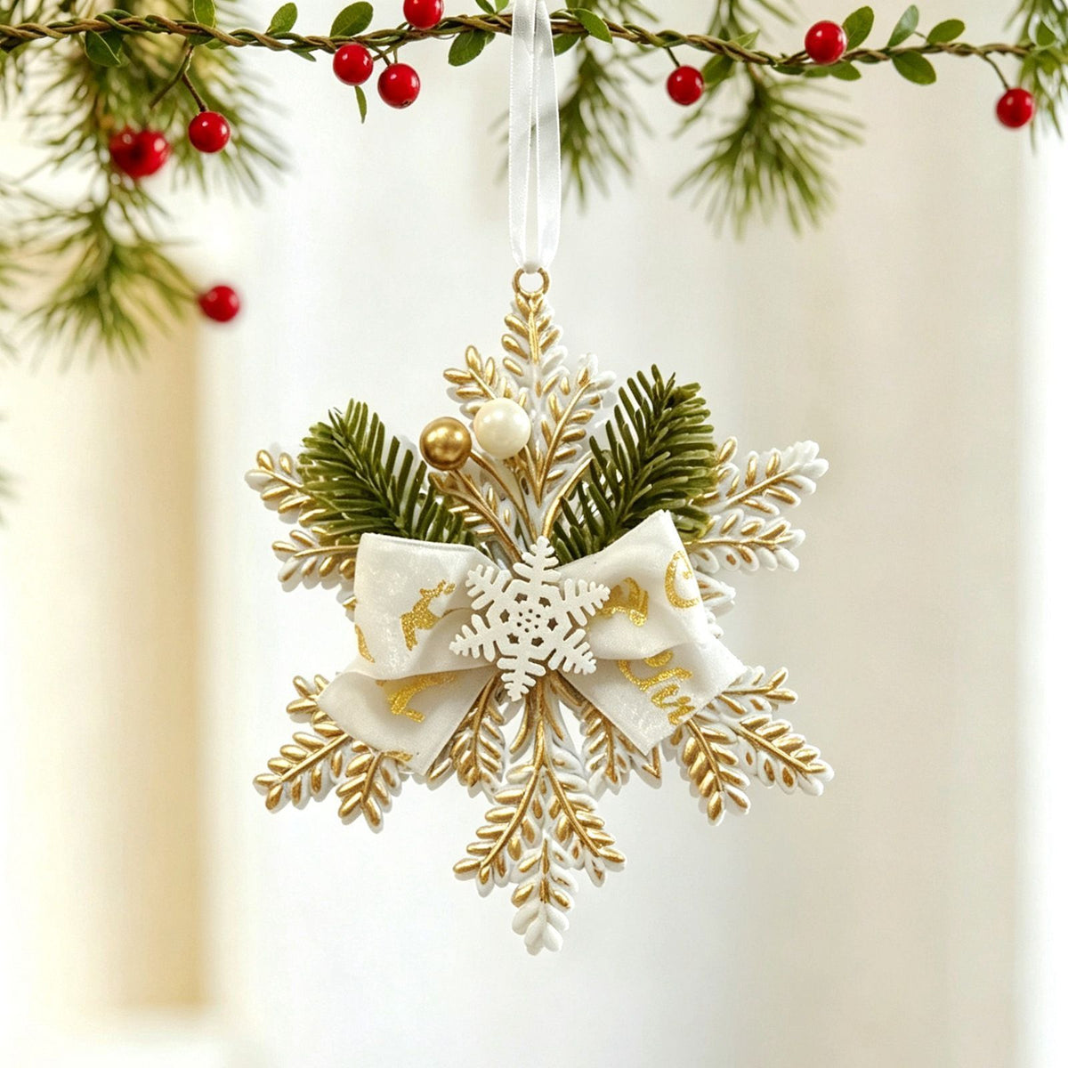 3pk White Gold Vintage Snowflake Xmas Hanging Decor