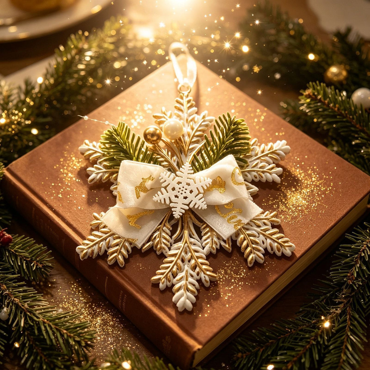 3pk White Gold Vintage Snowflake Xmas Hanging Decor