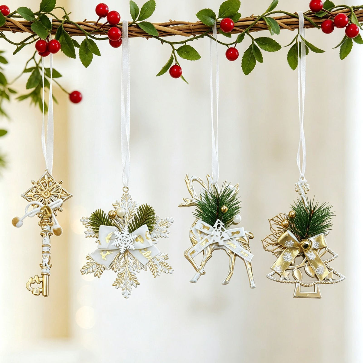 8pk Assorted White Gold Vintage Xmas Hanging Decor 4 Styles Mix