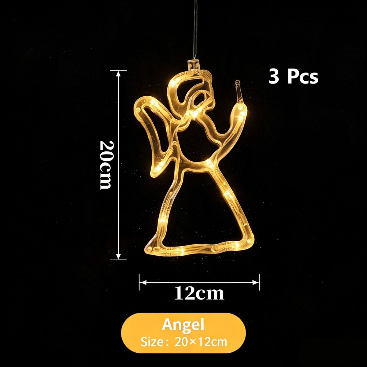 Warm White Angel Shape LED Suction Cup Lights 3 Pack, Battery Operated Graceful Indoor Christmas Window Ornaments