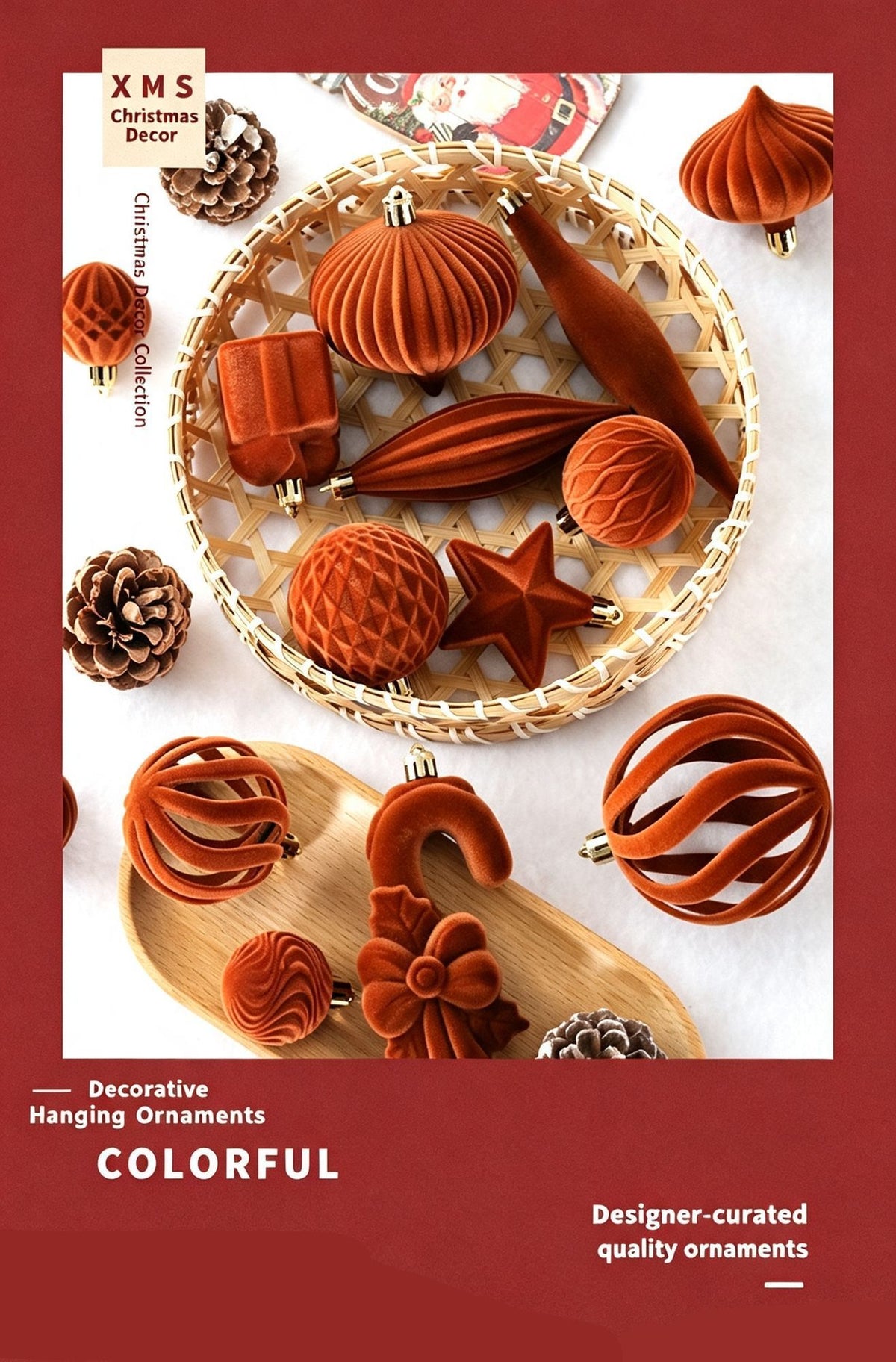 Vintage Flocked Christmas Tree Baubles, Ins Stylish Irregular Hanging Ornament Kit, Coffee 28 Pack Gift Box