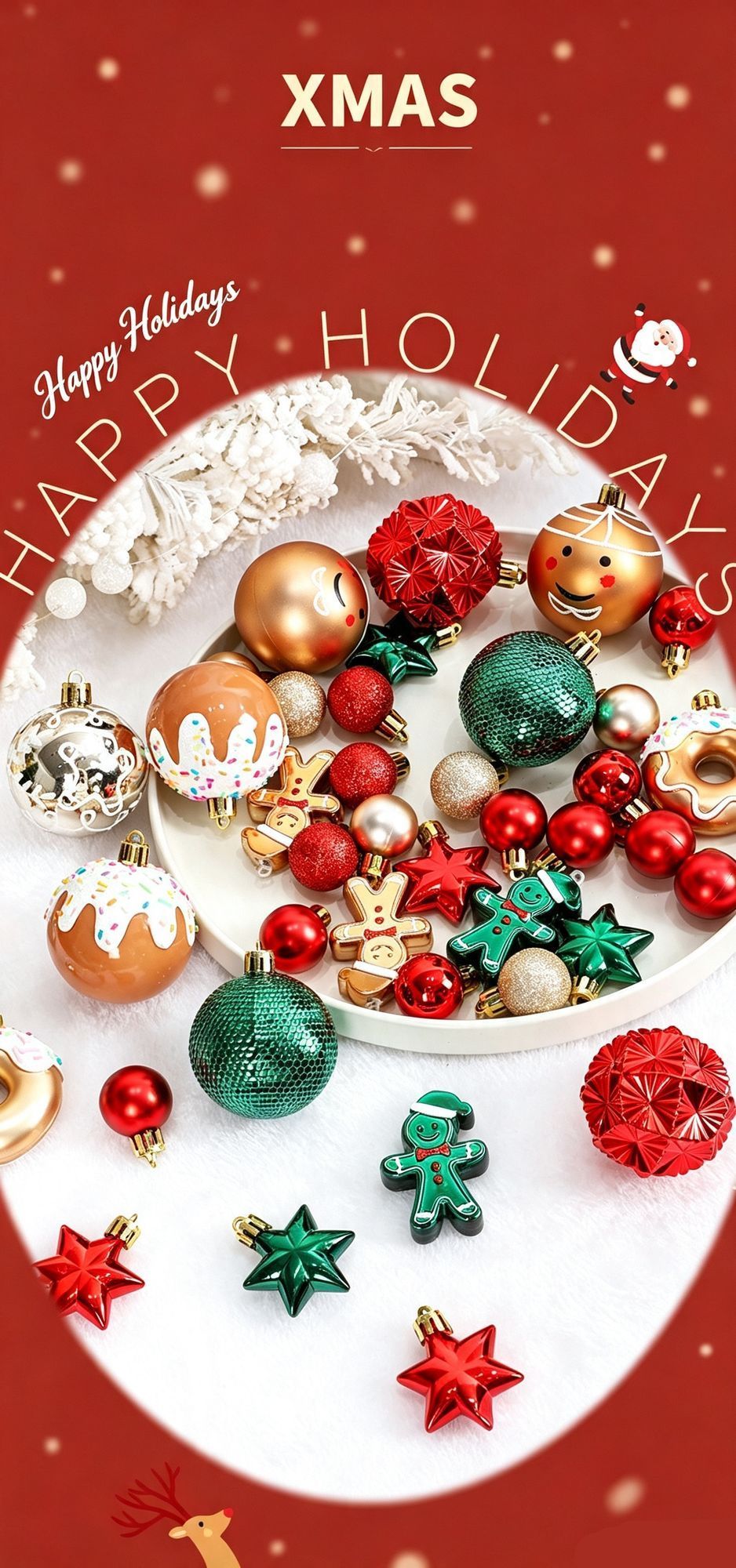 Delicate Hand Finished Christmas Baubles, 42 Pcs Holiday Tree Pendant Collection, Classic Red White Matching Set
