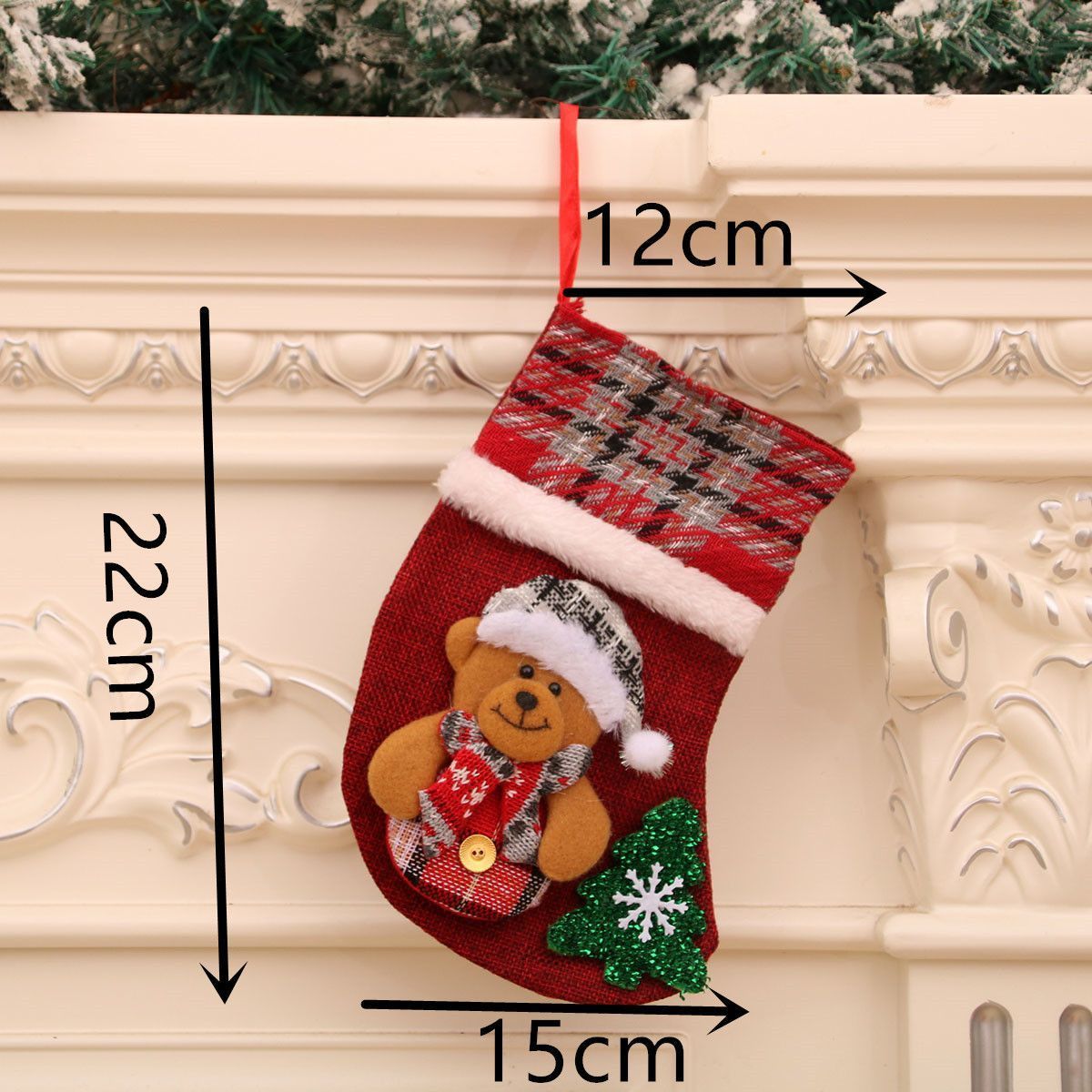 Medium Plaid Bear Christmas Stocking, Tartan Pattern Xmas Tree Decor Pouch, 22*15cm