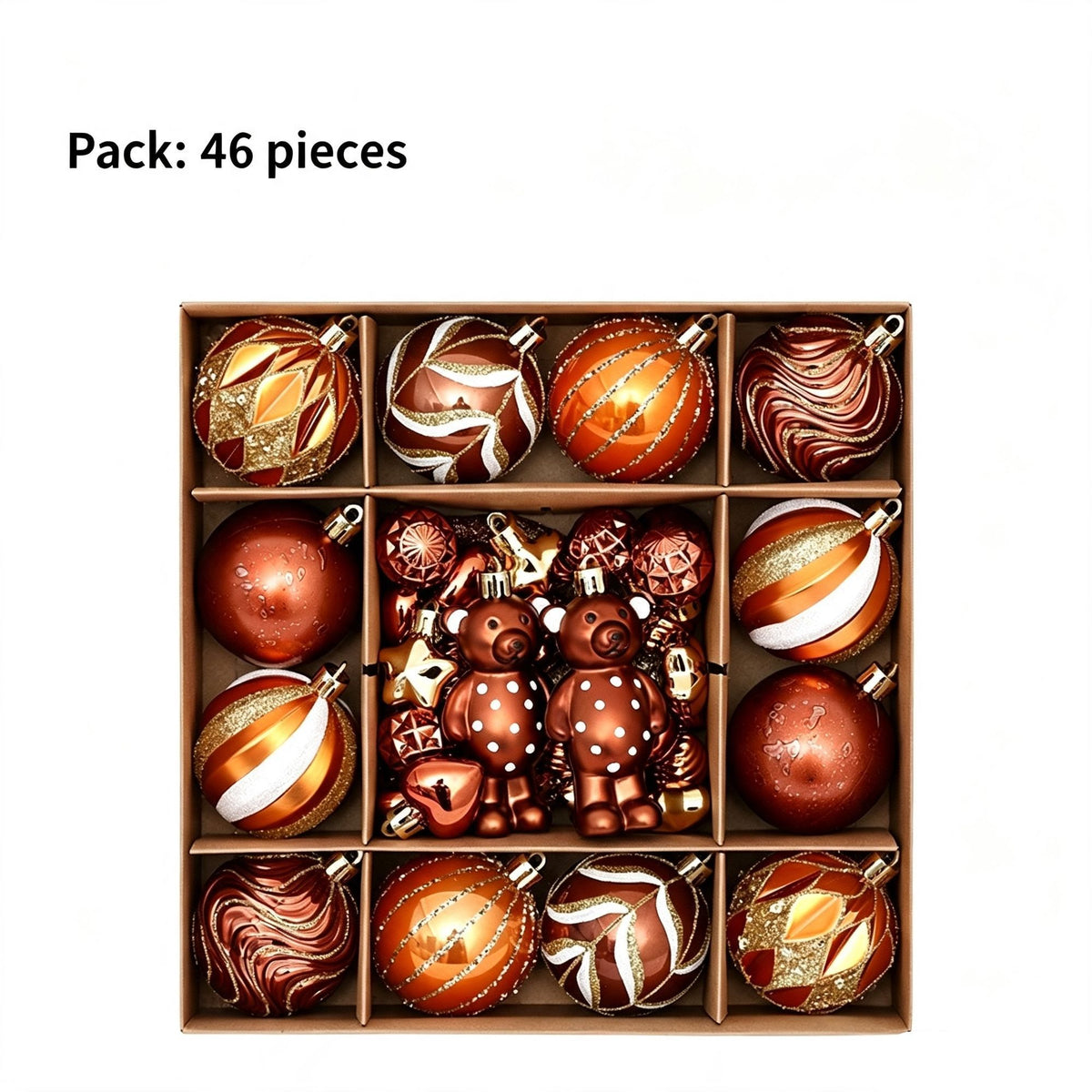 Hand Painted Christmas Bauble Gift Set, 46PCS Christmas Tree Hanging Ornaments, Christmas & Halloween Home Decor, Vintage Light Bronze