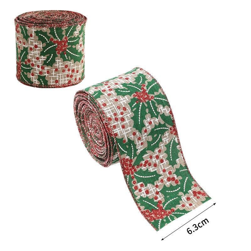 Holiday Burlap Satin Ribbon 6.3CM Width 2M, Green Flower Printed Ribbon for Wreath Garland Xmas Scene Layout
