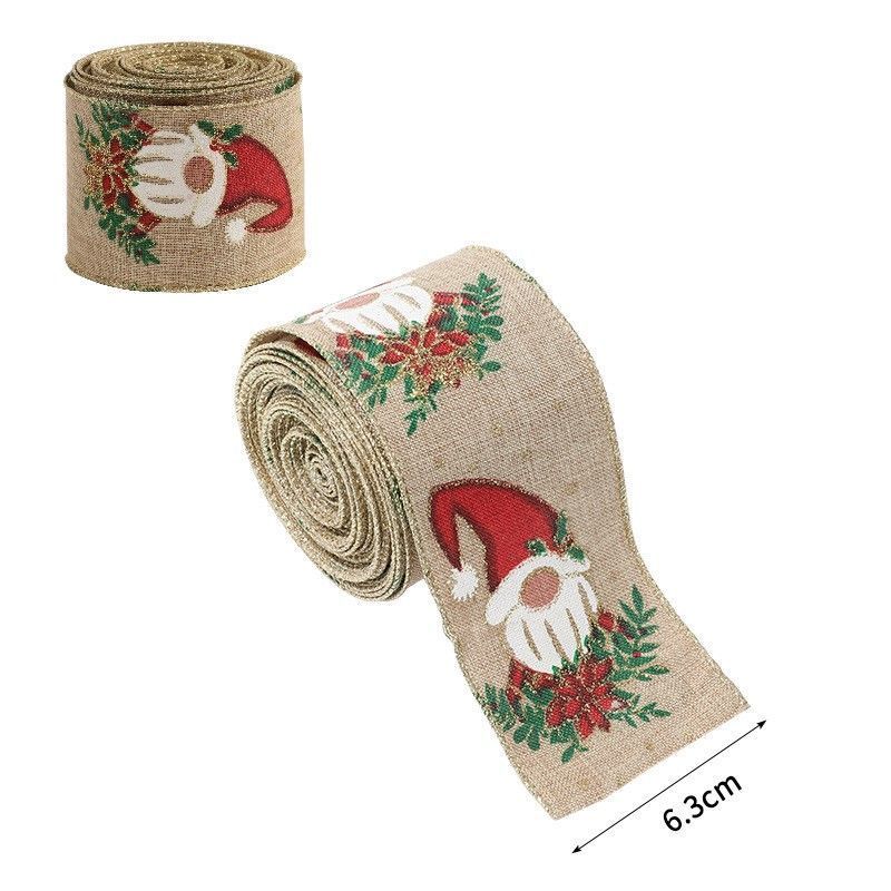 Christmas Burlap Decor Ribbon 6.3CM x 2M, Santa Claus Pattern Woven Tape for Xmas Tree Party Atmosphere Ornament