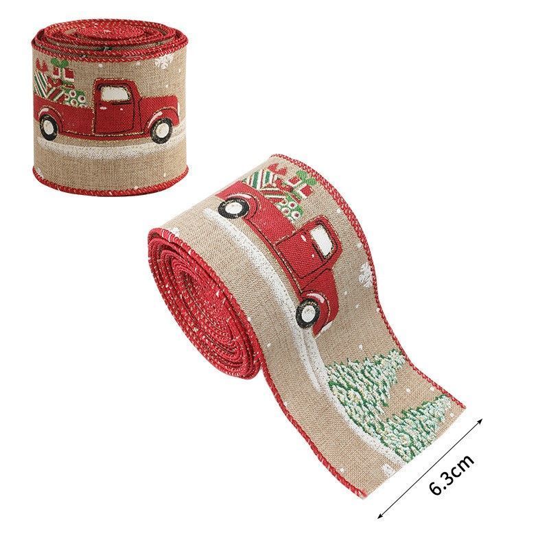 Xmas Burlap Satin Ribbon 6.3CM x 2M, Car & Christmas Tree Print Decor Tape for Party Home Festive Layout