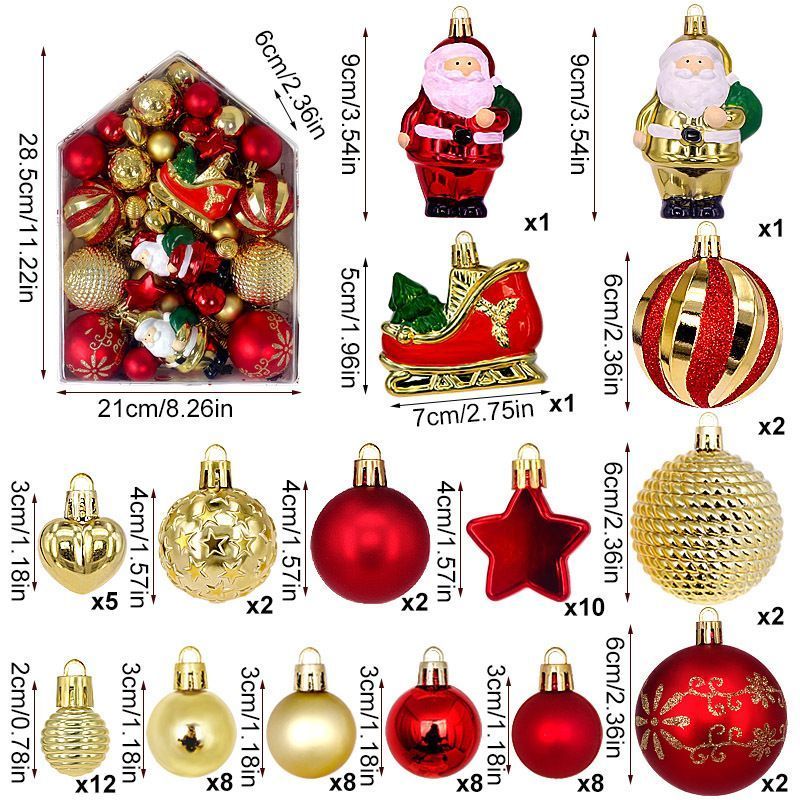 72 Pieces Christmas Assorted Ornaments Set Packed in House Shaped Gift Box, Electroplated Painted Baubles with Santa Sleigh Star Pendants, Gold Red Color Matching for Christmas Tree Hanging Decor and Halloween Holiday Scene Layout
