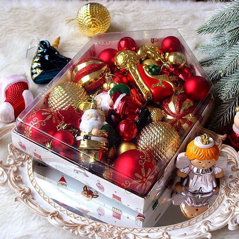 72 Count Mixed Xmas Hanging Decor Kit in House Outline Box, Irregular Painted Electroplated Balls with Doll and Sleigh Accessories, Red Green Tone Suitable for Christmas Indoor Decoration and Halloween Atmosphere Setup