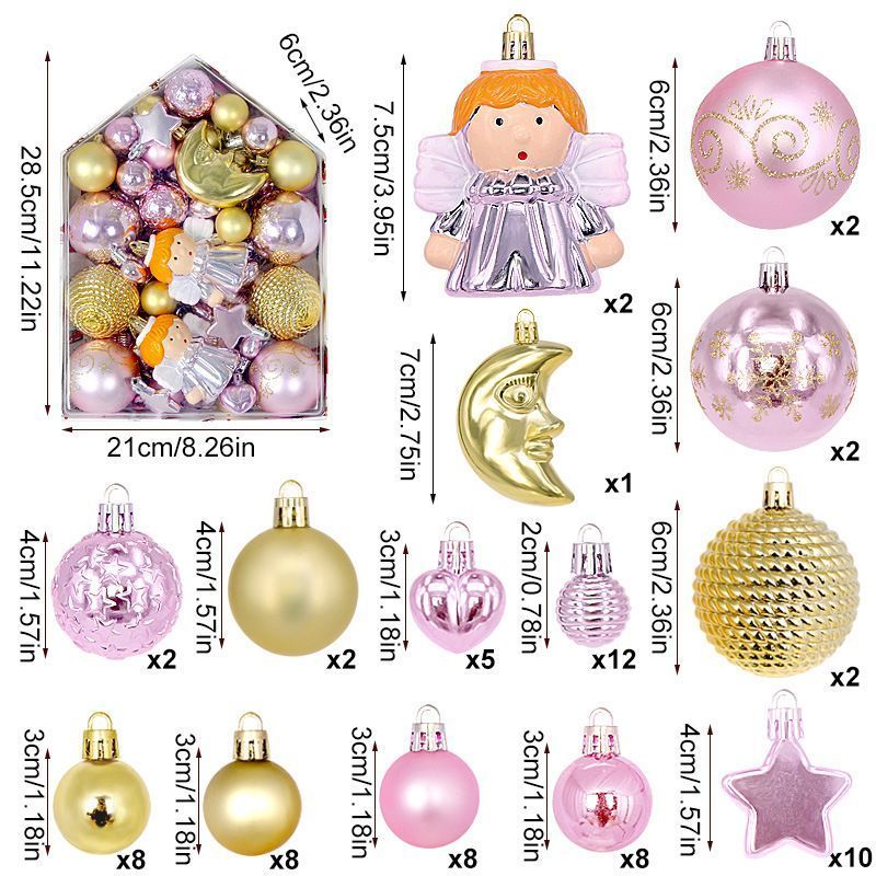 72 Pieces Festive Mixed Holiday Baubles Set in House Mold Gift Box, Electroplated Printed Spheres and Cartoon Pendants with Pink Gold Palette, Used to Embellish Christmas Display and Halloween Themed Party Space