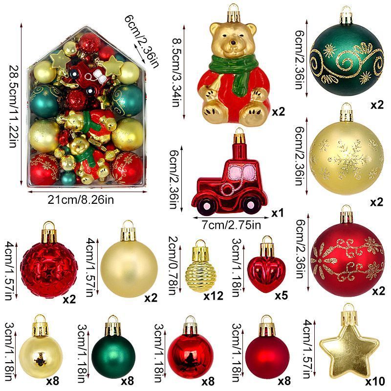 72 Count Assorted Christmas Hanging Decor Pack in House Shaped Box, Diverse Painted Craft Balls and Sleigh Ornaments in Gold Red Dark Green, Ideal for Christmas Garland Decoration and Halloween Ambient Ornament