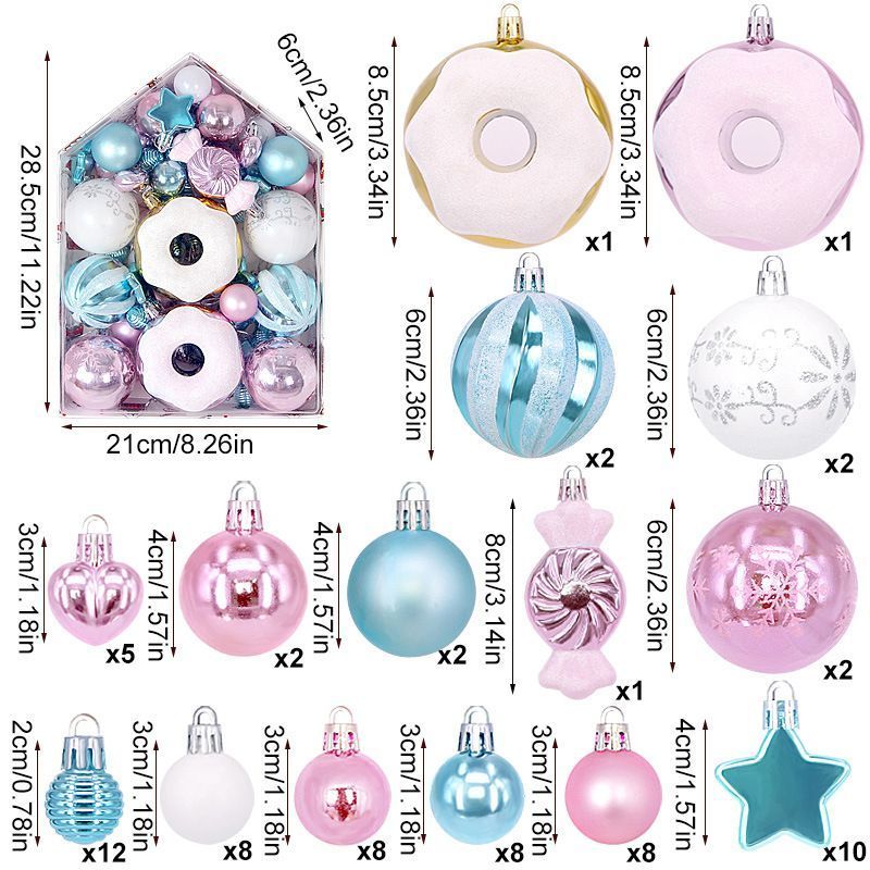 72 Count Rich Assorted Holiday Baubles Packed in House Shaped Gift Box, Patterned Electroplated Spheres and Multi-shaped Hangings in Blue White Pink Blend, Enrich Christmas Visual Effect and Boost Halloween Party Overall Vibe