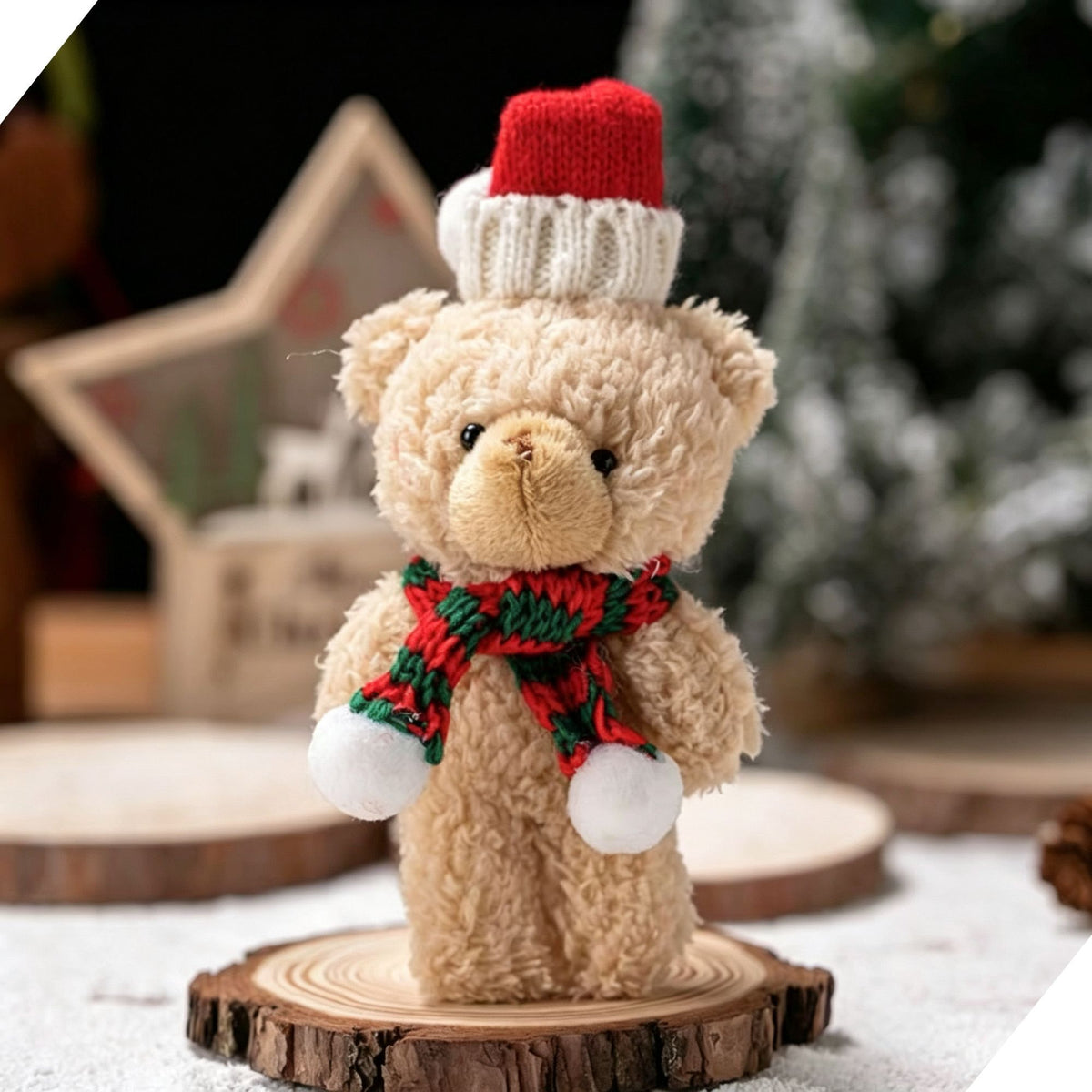 Christmas Fluffy Bear Tabletop Decoration, Style A Brown Bear with Red & Green Scarf, Cute Handheld Ornament for Festival Display and Christmas Present