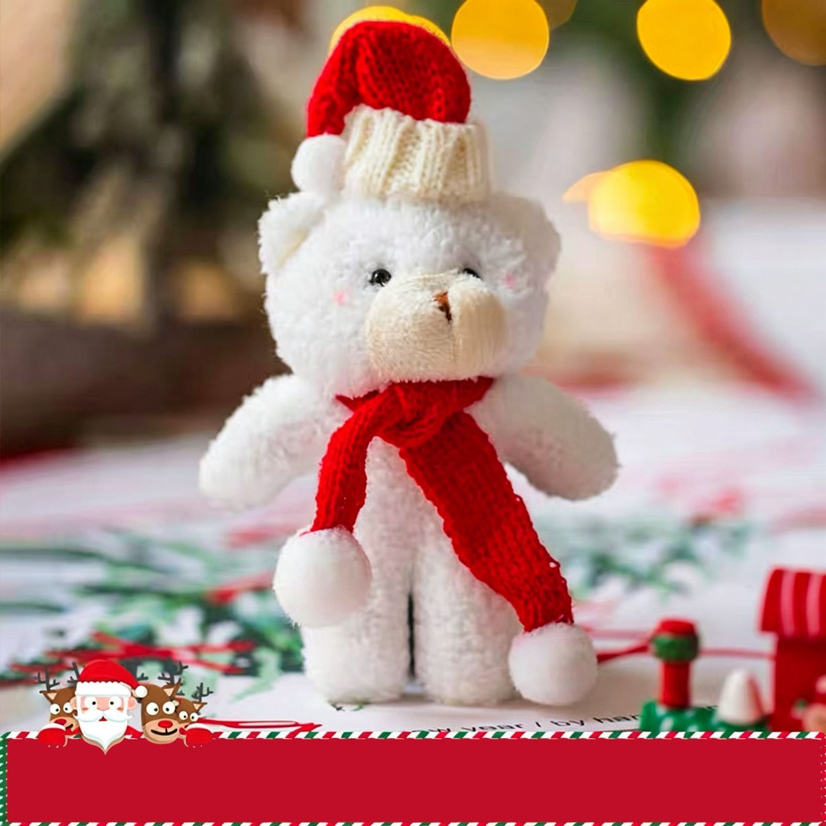 Xmas Curly Bear Gift Ornament, Style A White Bear with Solid Red Scarf, Mini Shelf Statue for Xmas Tree Decor and Holiday Souvenir
