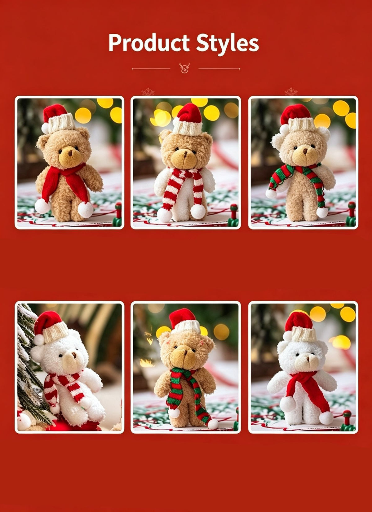 Holiday White Fluffy Bear Figurine Style B with Red & White Scarf, Small Tabletop Ornament for Xmas Dining Table Layout and Gift Hamper Collocation