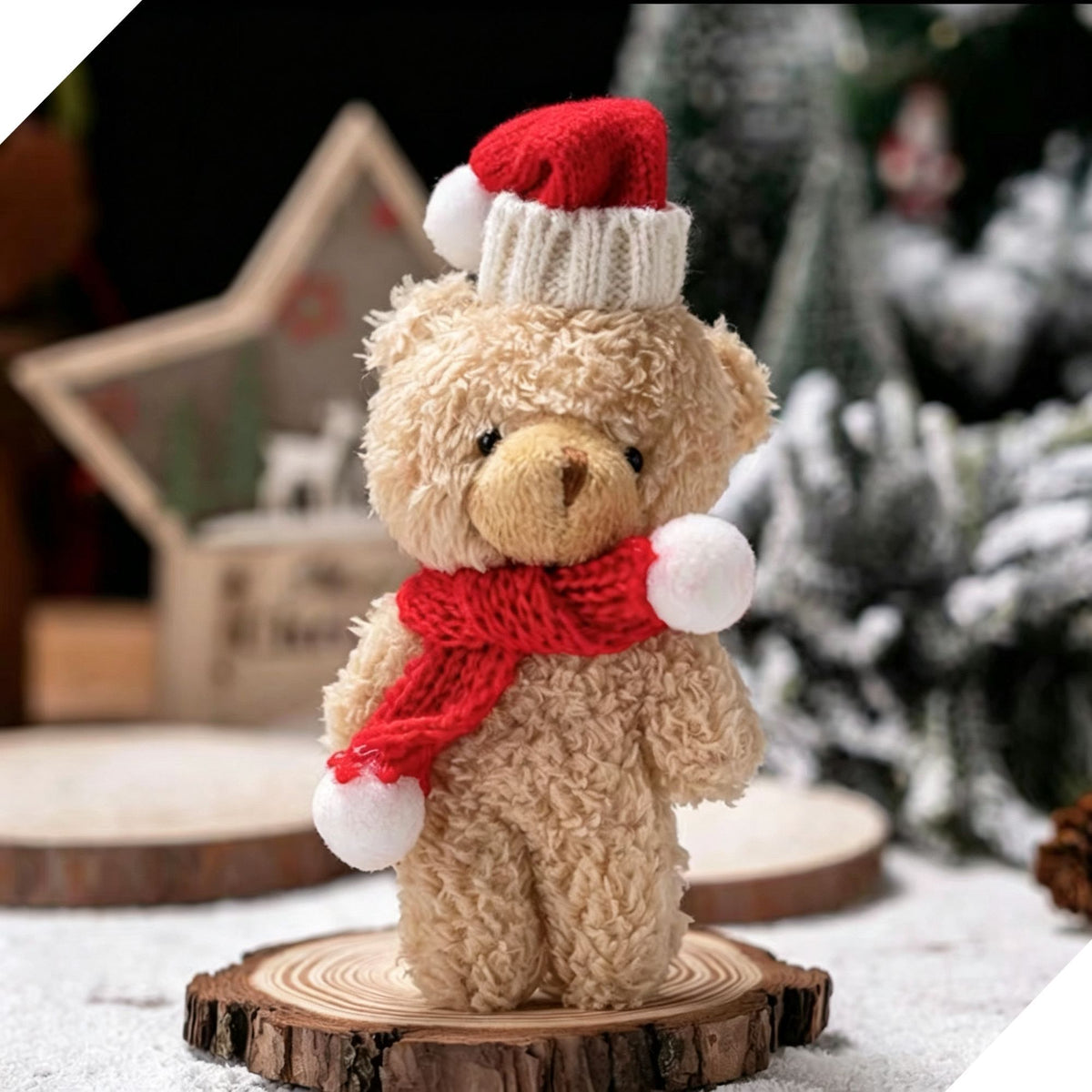 Christmas Curly Bear Style A Brown Bear with Red Scarf, Adorable Handheld Decor for Xmas Scene Setup and Holiday Exchange Gifts