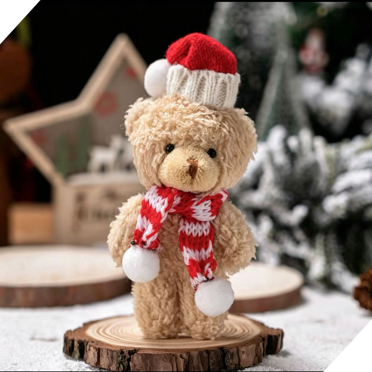 Fluffy Brown Christmas Bear Ornament Style A with Red & White Scarf, Desktop Mini Statue for Indoor Festival Decoration and Seasonal Presents