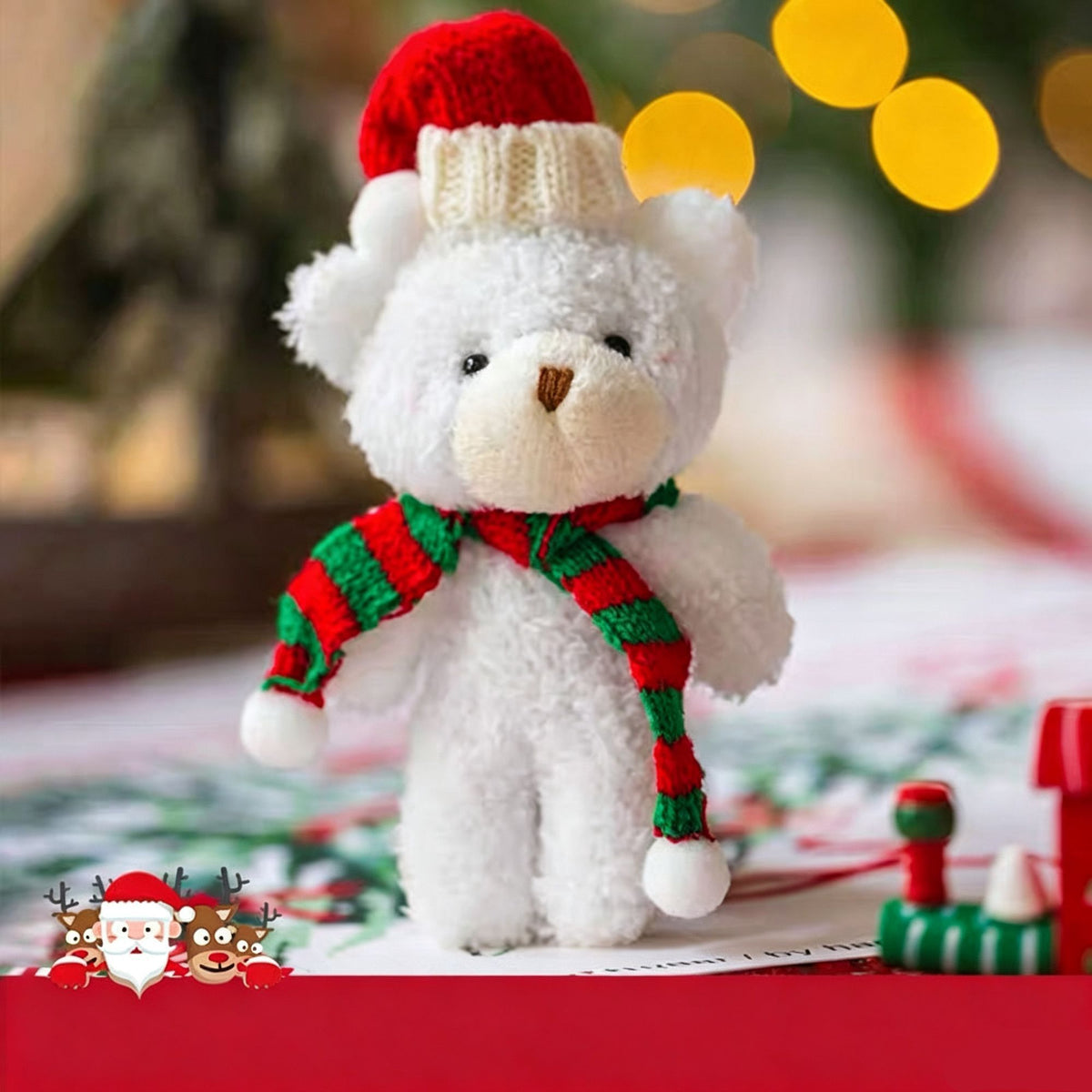 White Curly Christmas Bear Style A with Red & Green Scarf, Cute Decor Figurine for Shelf Display and Xmas Gift Packaging