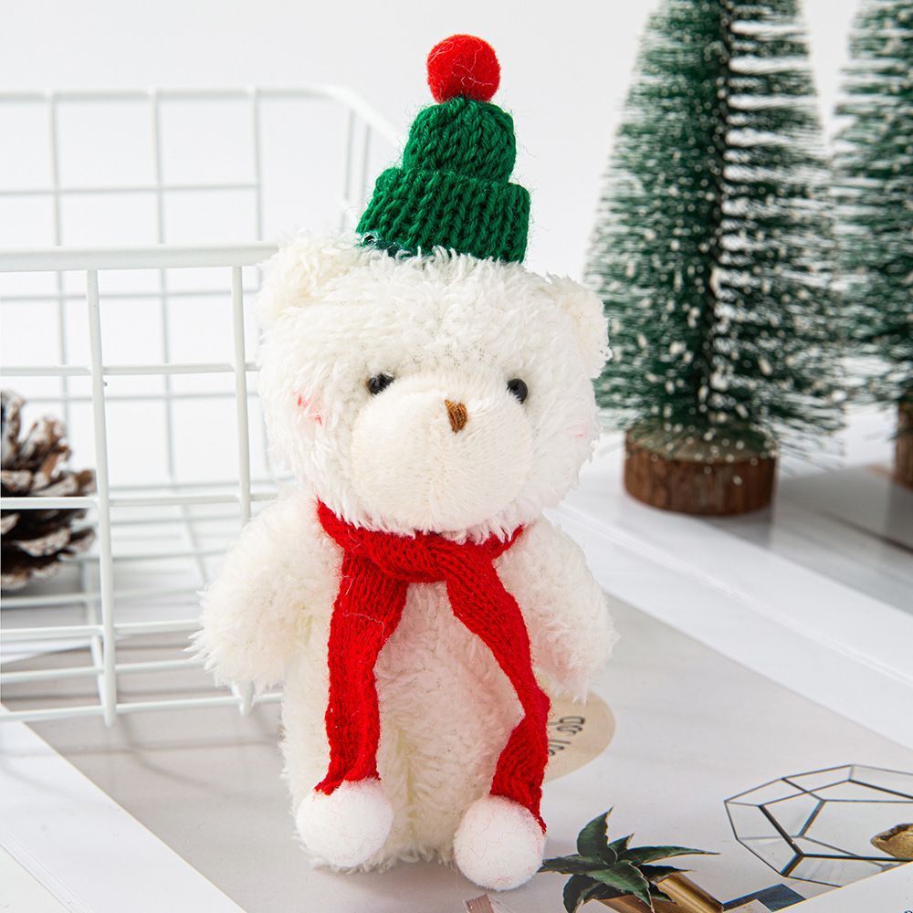 White Curly Christmas Bear with Green Dome Hat and Red Scarf, Festive Desktop Figurine for Household Xmas Decor and Gift Selection