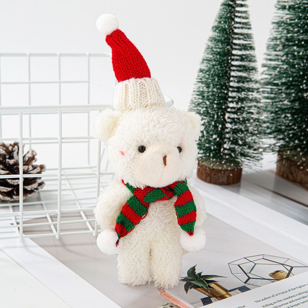 White Fluffy Christmas Bear with Pointed Hat and Red & Green Scarf, Lovely Handheld Ornament for Xmas Party Layout and Commemorative Gifts