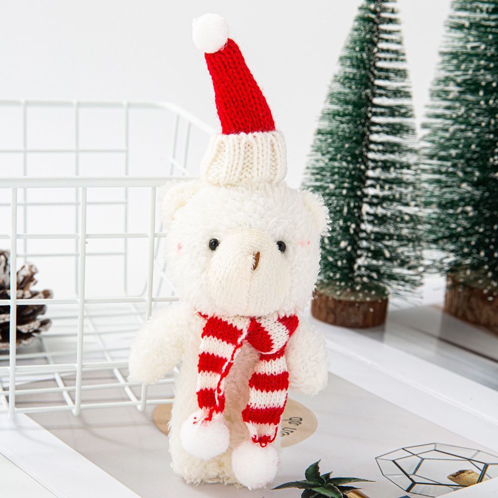 White Curly Christmas Bear with Pointed Hat and Red & White Scarf, Mini Decor Statue for Cabinet Ornament and Holiday Presents