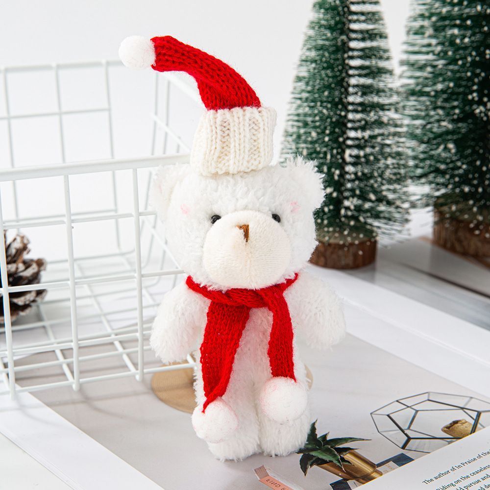 White Curly Christmas Bear with Pointed Hat and Red Scarf, Soft Handheld Figurine for Xmas Dining Table Decor and Holiday Gift Giving