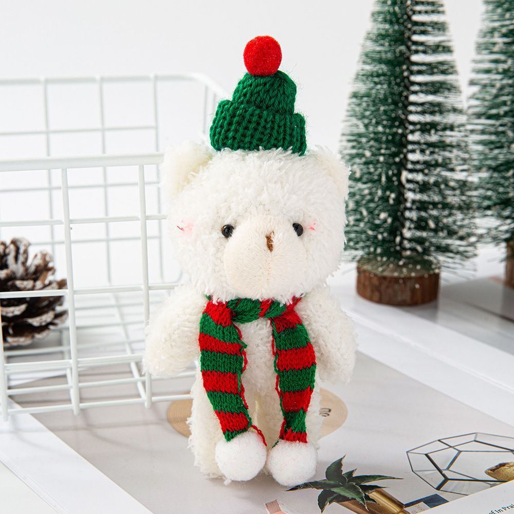 White Christmas Curly Bear with Green Dome Hat and Red & Green Scarf, Plush Ornament for Shelf Display and Seasonal Gift Matching