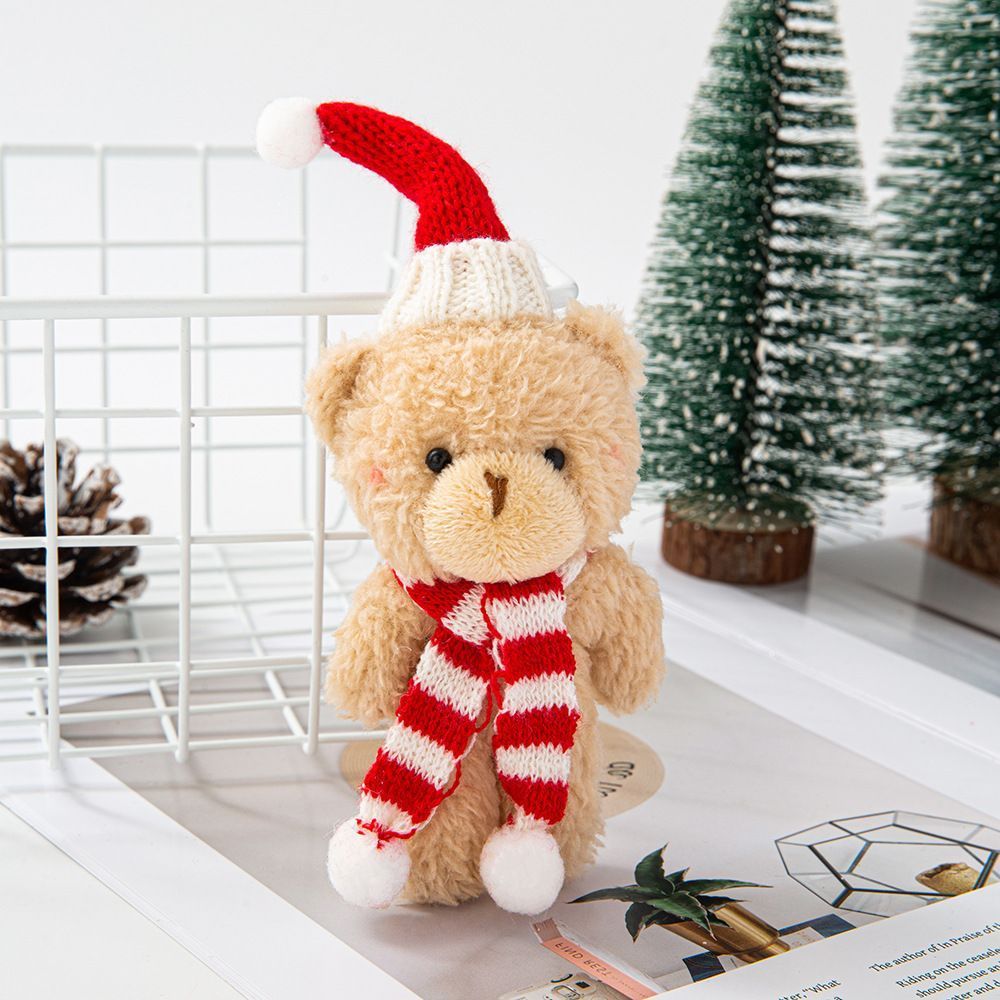 Brown Curly Christmas Bear with Pointed Hat and Red & White Scarf, Exquisite Handheld Decor for Xmas Party Vibe Building and Memorial Gifts