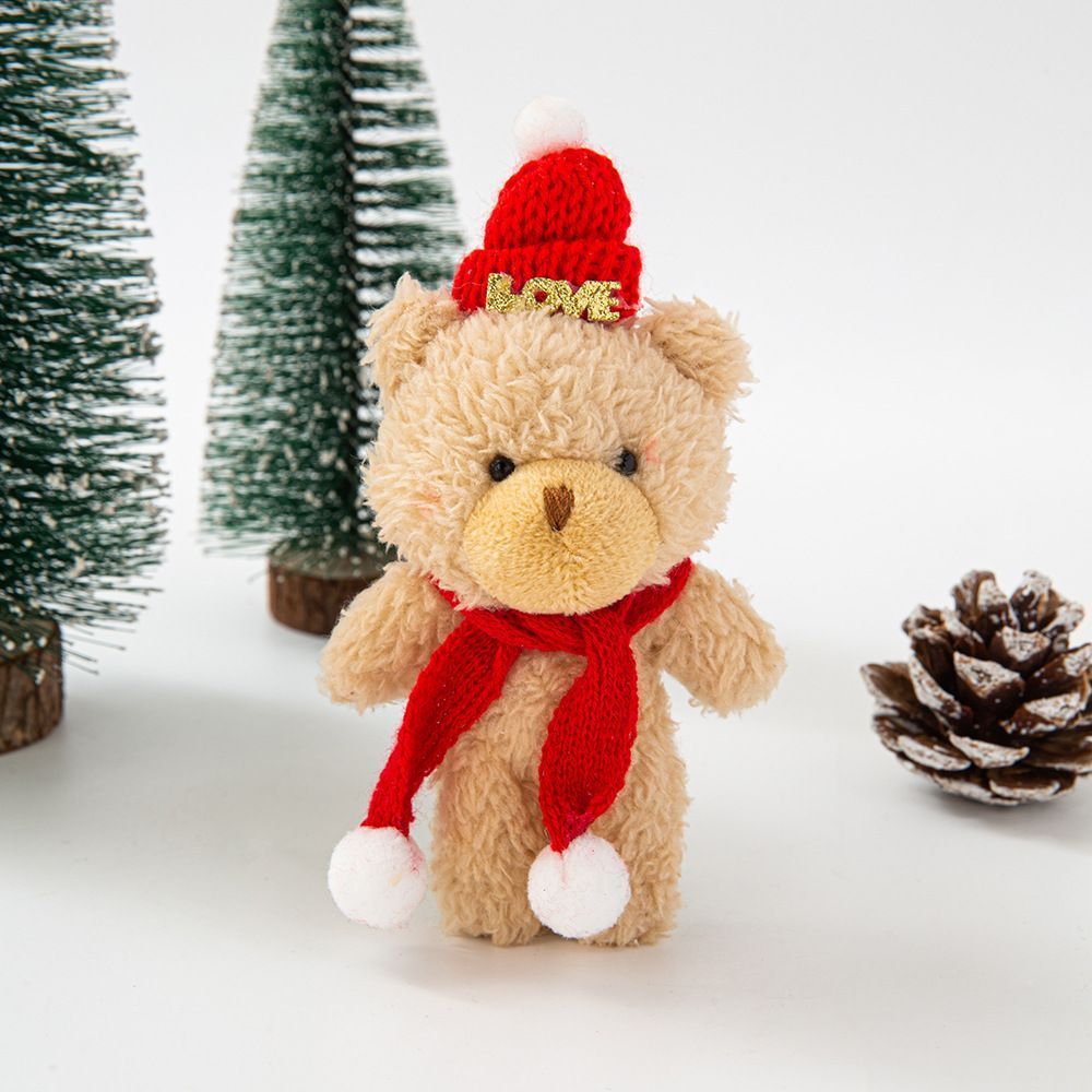 Brown Christmas Curly Bear with LOVE Red Dome Hat and Red Scarf, Distinctive Tabletop Figurine for Indoor Xmas Decoration and Custom Holiday Presents