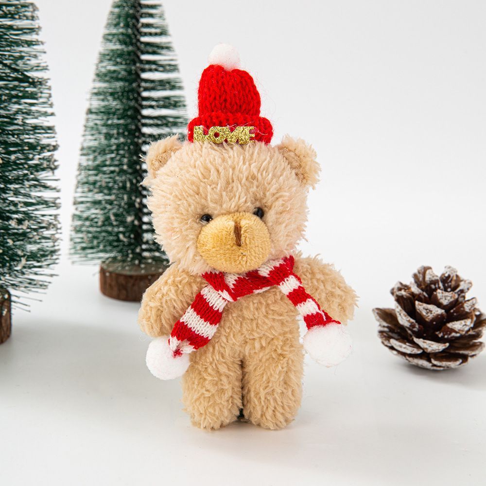 Brown Fluffy Christmas Bear with LOVE Red Dome Hat and Red & White Scarf, Mini Desktop Ornament for Cabinet Adornment and Business Xmas Gifts