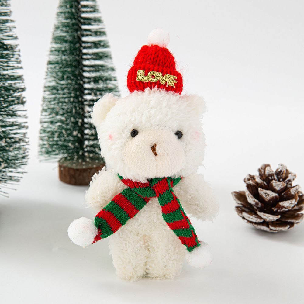 White Curly Christmas Bear with LOVE Red Dome Hat and Red & Green Scarf, Lovely Handheld Statue for Home Xmas Atmosphere and Festival Gift Hampers