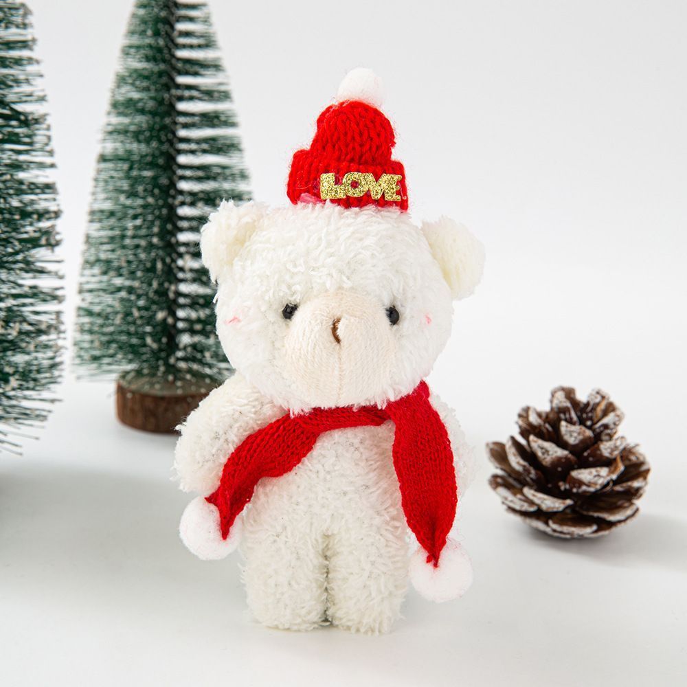 White Curly Christmas Bear with LOVE Red Dome Hat and Red Scarf, Special Desktop Figurine for Household Xmas Layout and Personalized Xmas Gifts