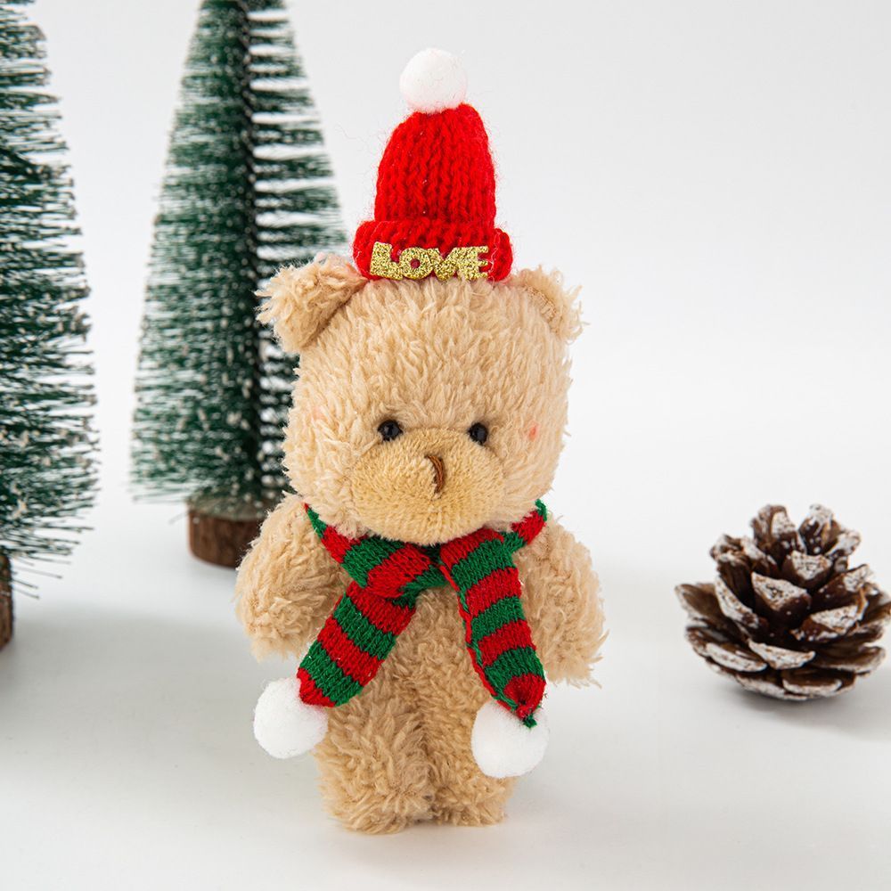 Brown Curly Christmas Bear with LOVE Red Dome Hat and Red & Green Scarf, Festive Desktop Ornament for Indoor Holiday Layout and Custom Festival Gifts