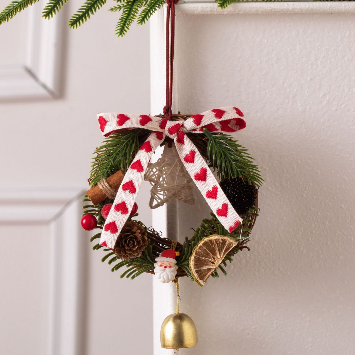 Christmas Bell Wreath Hanging Ornament, Star Wreath with Red Bow for Xmas Tree Scene Layout & Christmas Holiday Gift Decoration, Model D11