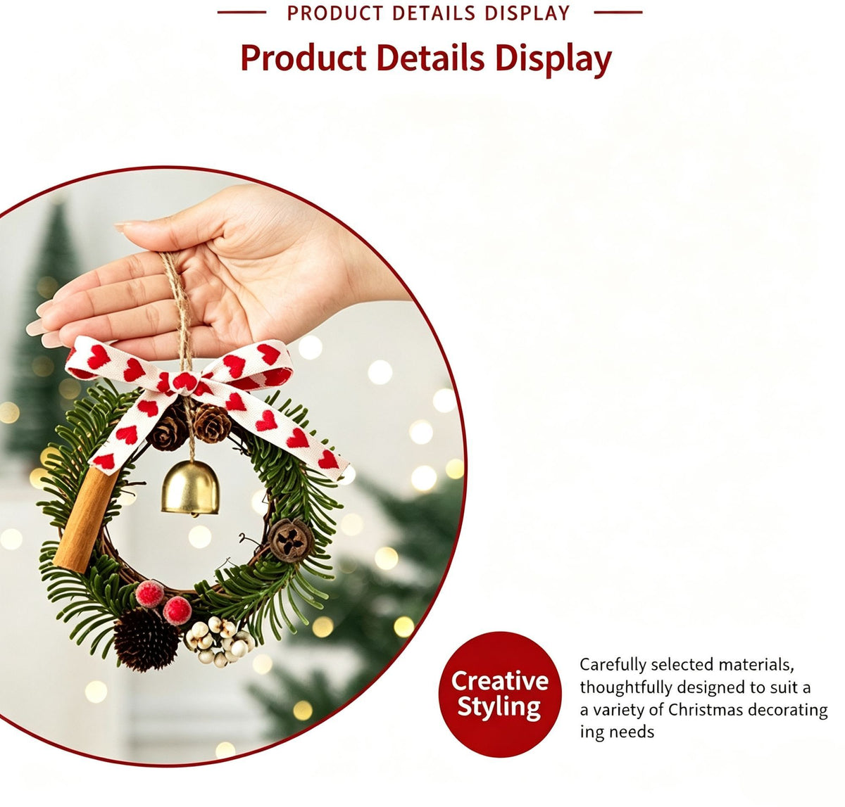 Festive Christmas Wreath Pendant, Star Shaped Wreath with Beige Bow, Home Atmosphere Decor and Christmas Season Gift Accessory, Model D12