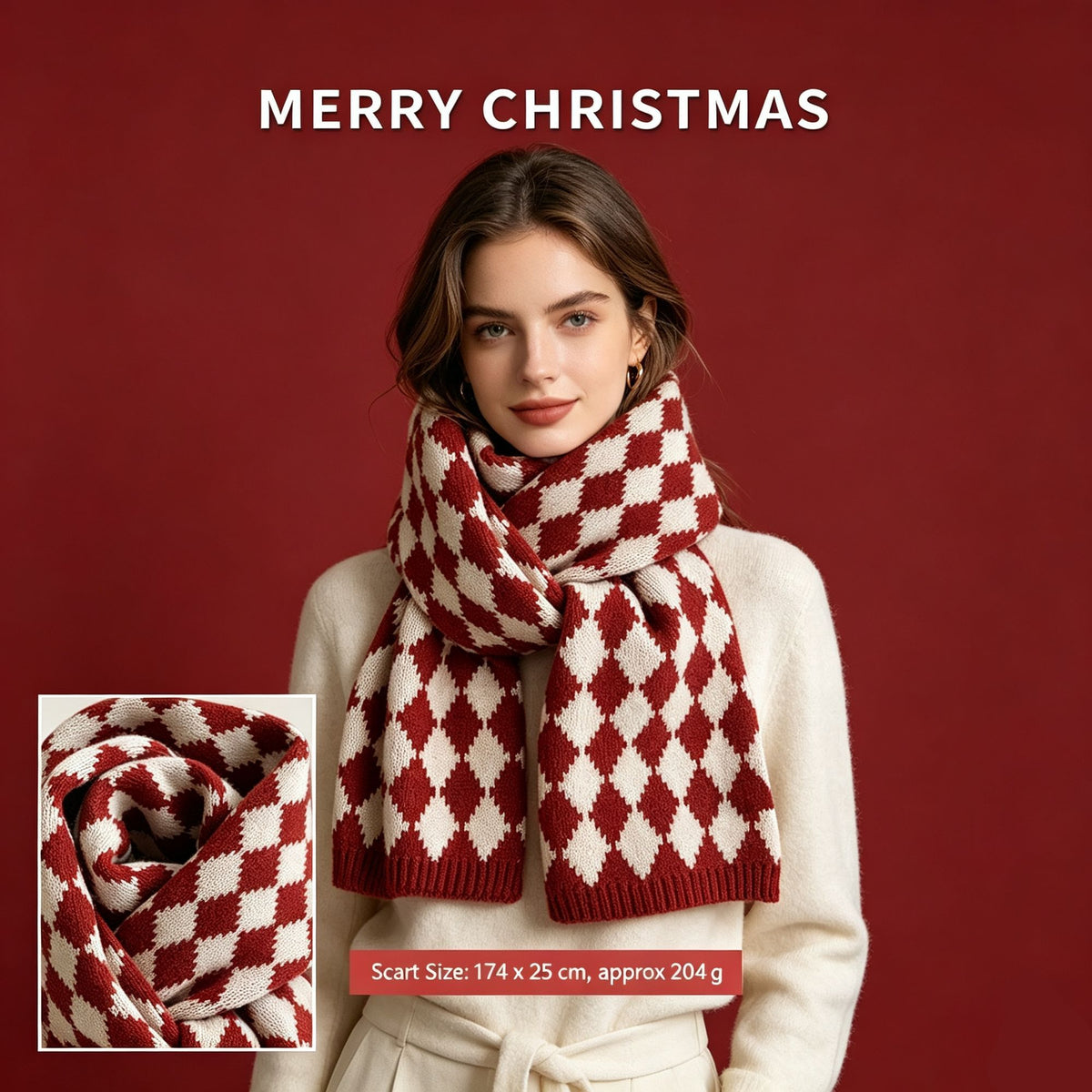 Women’s Warm Rhombus Pattern Scarf, Cashmere Texture Neck Wrap, Solid Red Rhombus Design for Outfit Styling and Christmas Holiday Present