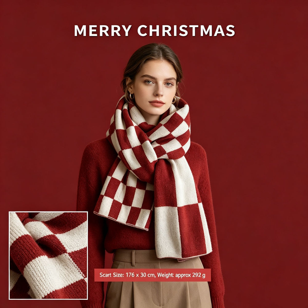Versatile Checkered Ladies Shawl, Soft Cashmere Touch Scarf, Irregular Red Grid Pattern for Daily Wear and Christmas Gift Box Matching