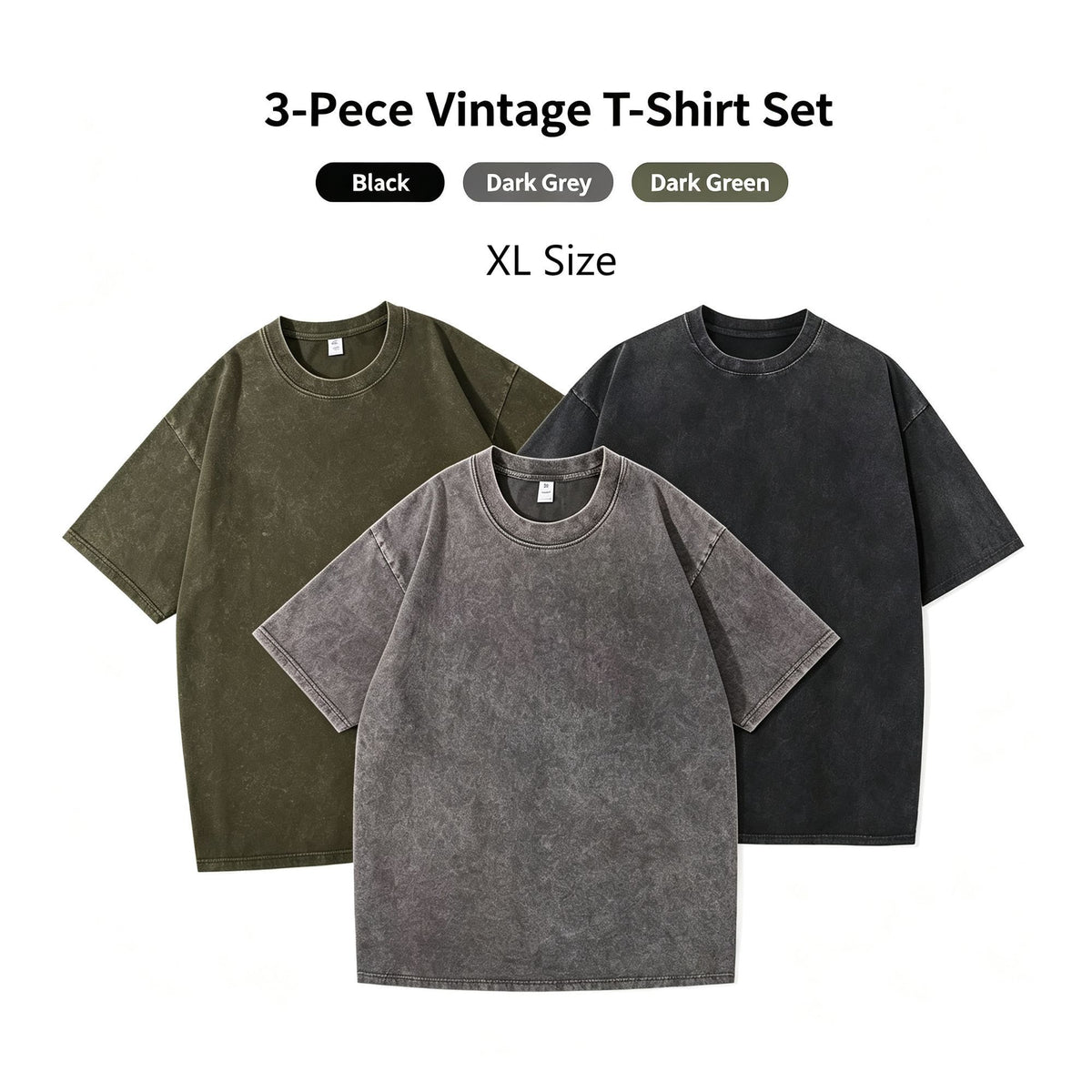 Heavy 230gsm Cotton Tee 3‑Piece Retro Unisex Outfit Pack Popular Christmas Holiday Gift Black Dark Grey Army Green Size XL