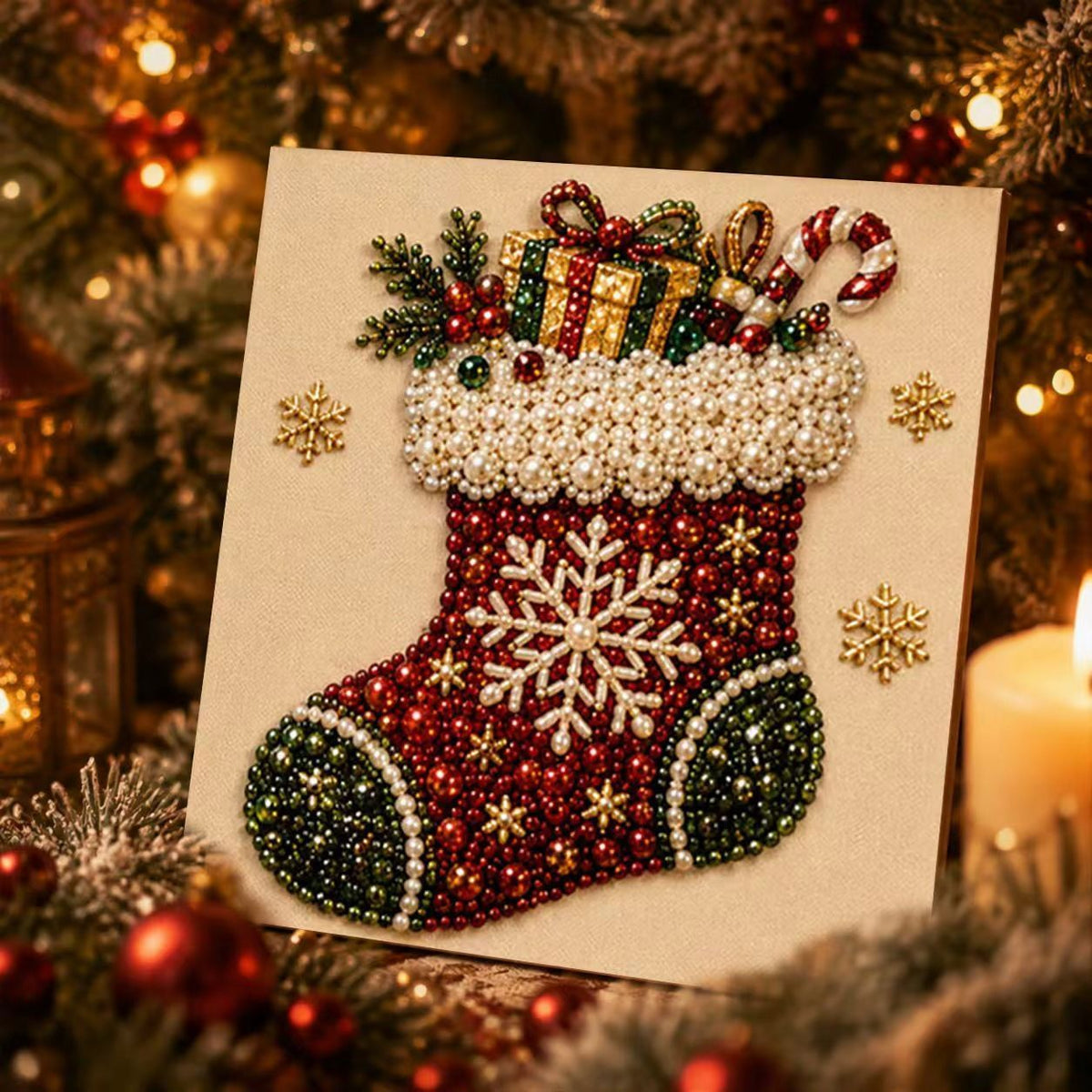 DIY Acrylic Pearl Painting Kit 20x20cm Stretched Frame Pearl Materials Tool Set Christmas Stocking Pattern Ideal Christmas Gift