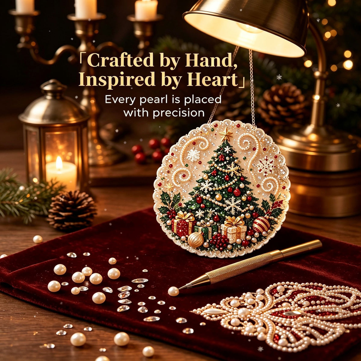 Gold Rim Print Acrylic Pearl Painting Kit 20x20cm Stretched Frame Pearl Tools Christmas Wreath Non-Wood Frame Perfect Christmas Gift