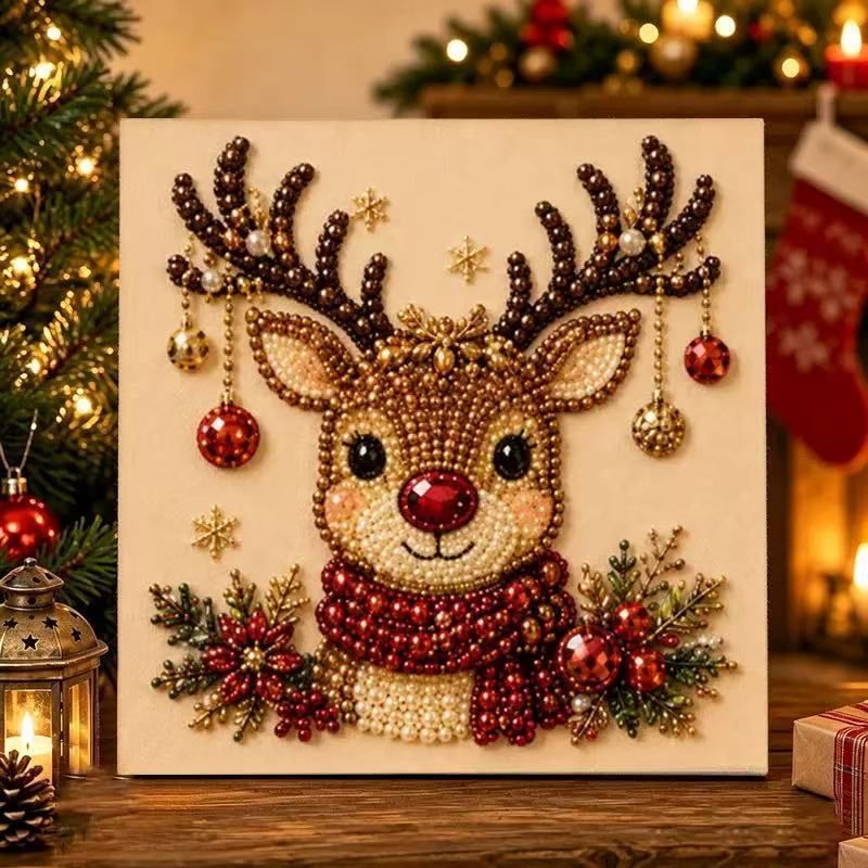 Acrylic Pearl Painting Set 20x20cm Stretched Frame Pearl Kit Christmas Reindeer Pattern Recommended Christmas Holiday Gift